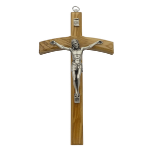 Wandkreuz / Kruzifix Olivenholz natur mit Metallkorpus silberfarben Holzkreuz 25 cm