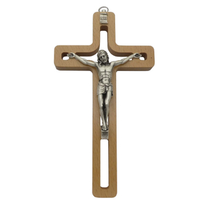 Wandkreuz / Kruzifix modern Holz hell durchbrochen Metallkorpus silber 20 cm Holzkreuz