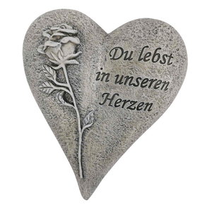 Herz mit Rose - Inschrift Du lebst in unserem Herzen Grabschmuck Polyresin 18 x 15 x 7,5 cm