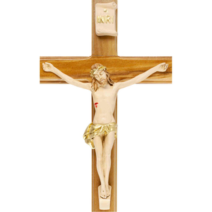 Wandkreuz / Kruzifix Olivenholz natur mit Körper Polyresin coloriert Holzkreuz 25 cm