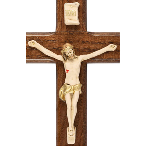 Wandkreuz / Kruzifix Holz braun mit coloriertem Christuskörper Balken gerade 23 cm