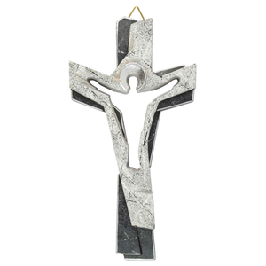 Wandkreuz / Auferstehungskreuz Holz geschnitzt Marmoroptik schwarz grau silber 15 cm