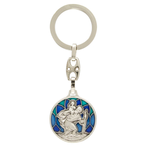 Schlüsselanhänger Christophorus Emaille blau Pray for us 8,5 cm