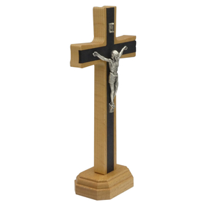 Standkreuz / Stehkreuz Buche natur Pappelholz schwarz mit Metallkorpus silber 16 x 7,5 cm Altarkreuz
