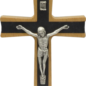 Standkreuz / Stehkreuz Buche natur Pappelholz schwarz mit Metallkorpus silber 16 x 7,5 cm Altarkreuz