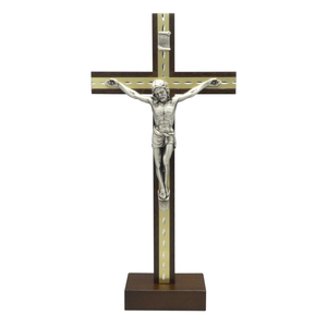 Standkreuz / Stehkreuz Holz Mahagoni mit Metallkorpus silber 22 x 11 cm Altarkreuz