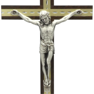 Standkreuz / Stehkreuz Holz Mahagoni mit Metallkorpus silber 22 x 11 cm Altarkreuz