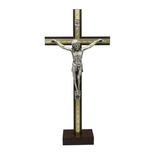 Standkreuz / Stehkreuz Holz Mahagoni mit Metallkorpus silber 27 x 13 cm Altarkreuz