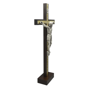 Standkreuz / Stehkreuz Holz Mahagoni mit Metallkorpus silber 27 x 13 cm Altarkreuz
