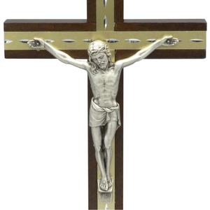 Standkreuz / Stehkreuz Holz Mahagoni mit Metallkorpus silber 17 x 8,5 cm Altarkreuz