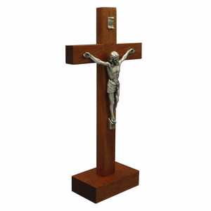 Standkreuz / Stehkreuz Mahagoni mit Metallkorpus silber 22 x 11 cm Altarkreuz