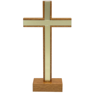 Standkreuz / Stehkreuz Holz Mahagoni Auflage gold Metall 17 x 8,5 cm Altarkreuz