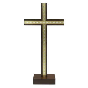 Standkreuz / Stehkreuz Holz Mahagoni Metallauflage gold 32 x 15 cm Altarkreuz