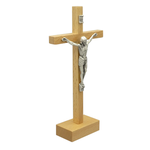 Standkreuz / Stehkreuz Holz Buche mit Metallkorpus silber 17,5 x 9 cm Altarkreuz