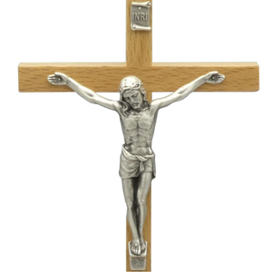 Standkreuz / Stehkreuz Holz Buche mit Metallkorpus silber 17,5 x 9 cm Altarkreuz
