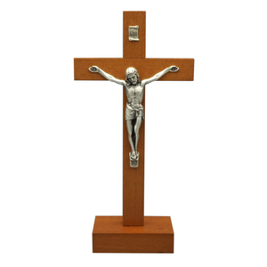 Standkreuz / Stehkreuz Holz Buche mit Metallkorpus silber 22 x 11 cm Altarkreuz