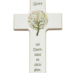 Kinderkreuz Taufkreuz Gott sei Dank .. Motiv Lebensbaum 15 x 9 cm weiß bunt bedruckt
