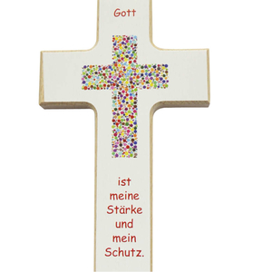 Kinderkreuz Gott sei Dank .. Motiv Kreuz bunt15 x 9 cm weiß bunt bedruckt Taufkreuz Geburt
