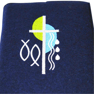 Gotteslobhülle Wollfilz blau Motiv Kreuz Fische Wasser Reisverschluss ca. 19 x 13 cm Handarbeit