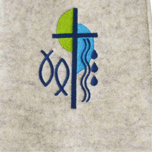 Gotteslobhülle Wollfilz grau Motiv Kreuz Fische Wasser Reisverschluss ca. 19 x 13 cm Handarbeit