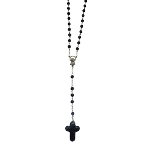Glas Rosenkranz Perle schwarz mit Kreuz schwarz grau Murano-Glas ca. 45 cm Unikat