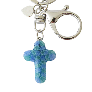 Schlüsselanhänger Motiv Kreuz Murano hellblau grüne Blüten ca. 9 cm Unikat