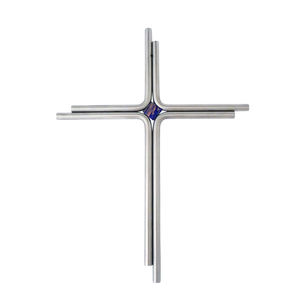 Wandkreuz modern Edelstahl - Kreuz silber matt Glasstein blau 17 x 12 cm