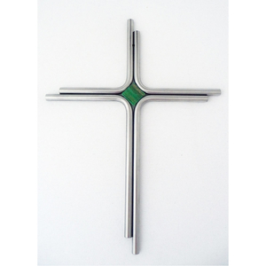 Wandkreuz modern Edelstahl - Kreuz silber matt Glasstein grün 27 x 20,5 cm