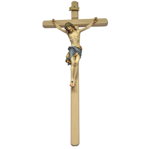 Wandkreuz / Kruzifix Holz Ahorn natur mit coloriertem Christuskörper blau 28 x 13,5 cm