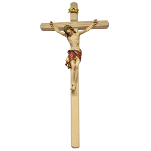 Wandkreuz / Kruzifix Holz Ahorn natur mit coloriertem Christuskörper rot 28 x 13,5 cm