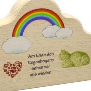 Katzen Gedenktafel Holz Wolke Herz Regenbogen Text bunt bedruckt 13 x 8 cm Stellen/Hängen Trauer