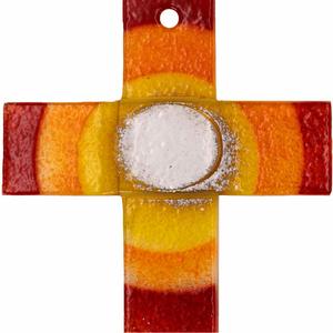 Glaskreuz rot - orange - gelb - wei modern aufgehende Sonne Handarbeit 20 x 11 cm