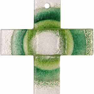 Glaskreuz grün - weiß modern aufgehende Sonne Handarbeit 20 x 11 cm