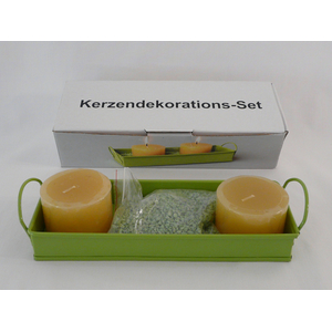 Kerzen gelb mit Tablett und Dekosteine grün Kerzendekorations-Set Dekoration