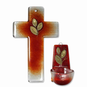 Gebets-Set - Glaskreuz & Glas Weihkessel Goldblatt / Blattgold rot
