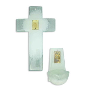 Gebets-Set Glaskreuz - Glas Weihkessel Friedenstaube / Blattgold weiß