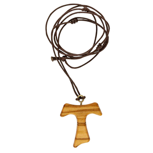 Halskette mit Tao Kreuz aus Olivenholz an einer Litze 3 cm