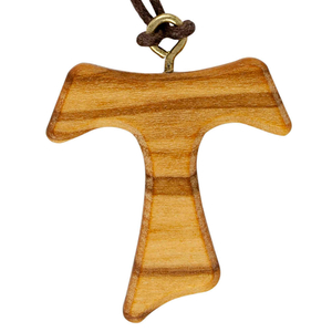 Halskette mit Tao Kreuz aus Olivenholz an einer Litze 3 cm