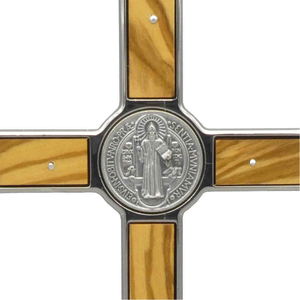 Benediktus Wandkreuz Metall silber mit Holzeinlage 20 x 10 cm
