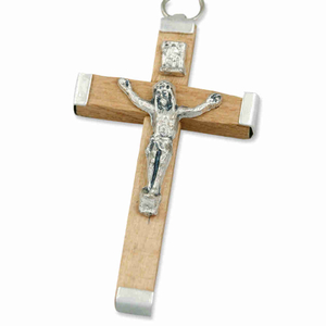 Rosenkranz Kreuz Holz natur mit Metallring 4,5 cm