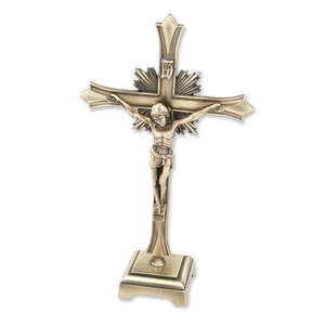 Standkreuz / Stehkreuz Metall antik goldfarben mit Korpus INRI Sonnenstrahlen 20 cm Kruzifix