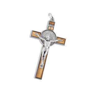 Benediktus Kreuz Anhänger Metall mit Holzeinlage 7,5 x 4,5 cm